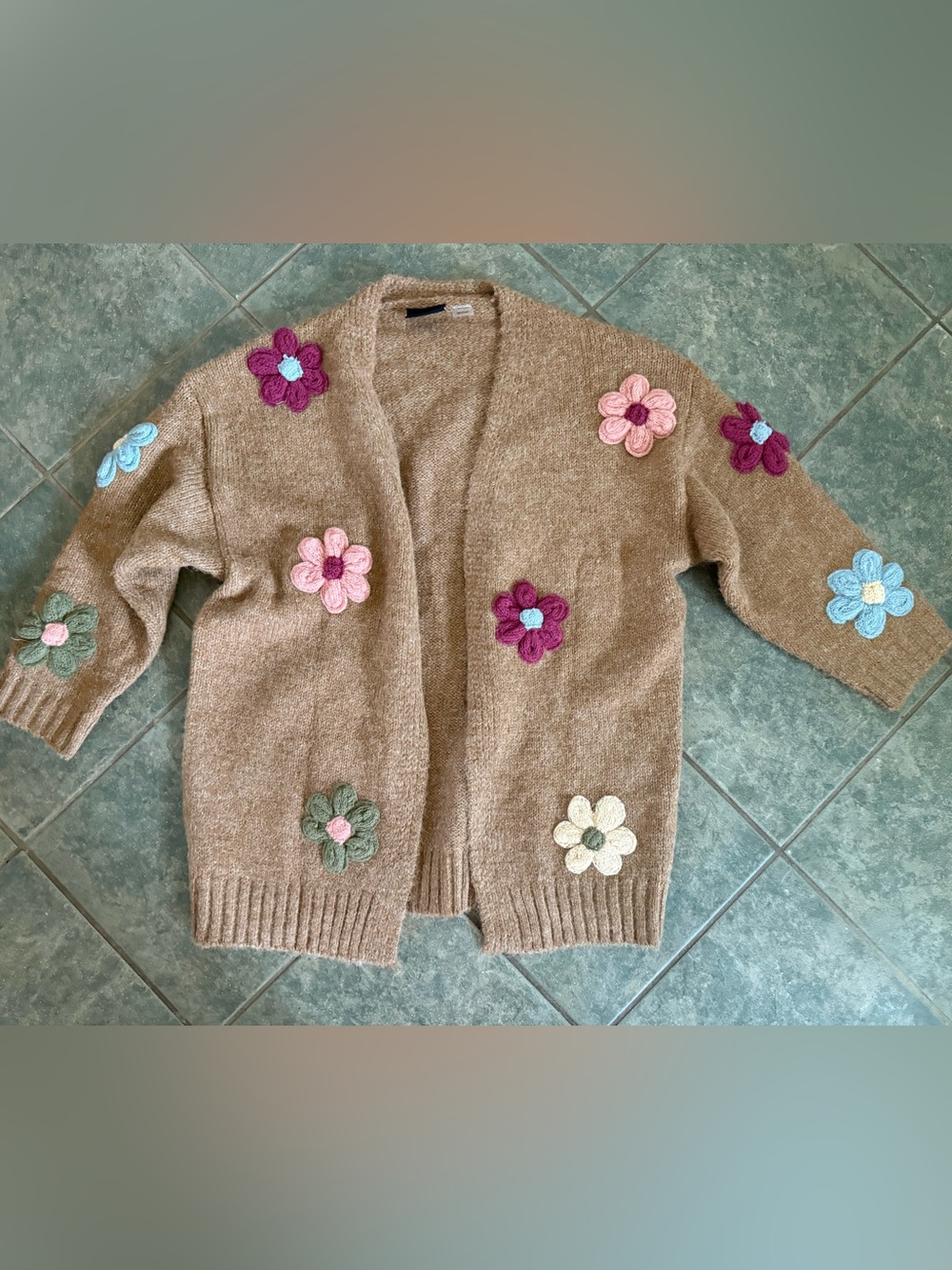 Vici Beige Cardigan with Crocheted Floral Appliqués. NWOT.  Cozy!!